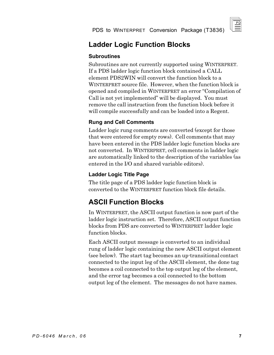 Ladder logic function blocks, Ascii function blocks | Rockwell Automation T3836 ICS Regent PDS to Winterpret Conversion Package User Manual | Page 7 / 12