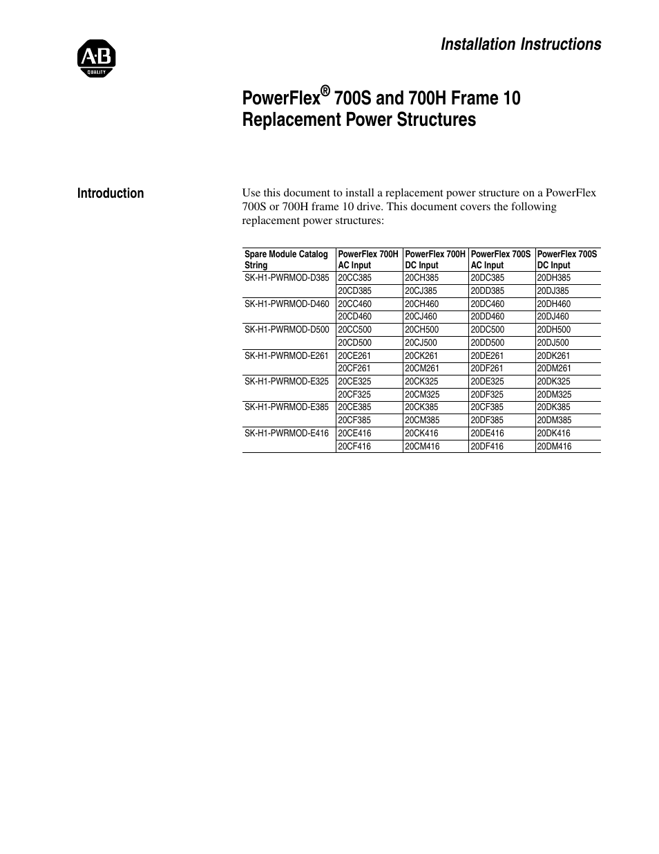 Rockwell Automation 20D PowerFlex 700H/S Frame 10 Replacement Power Structure User Manual | 18 pages