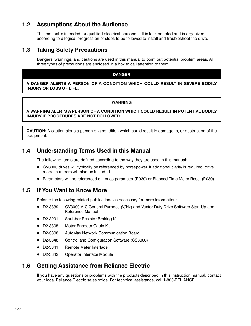 2 assumptions about the audience, 3 taking safety precautions, 4 understanding terms used in this manual | 5 if you want to know more, 6 getting assistance from reliance electric | Rockwell Automation GV3000 AC Pwr Module Ver. 5.0 Hardware Ref, Installation, and Troubleshooting User Manual | Page 16 / 102