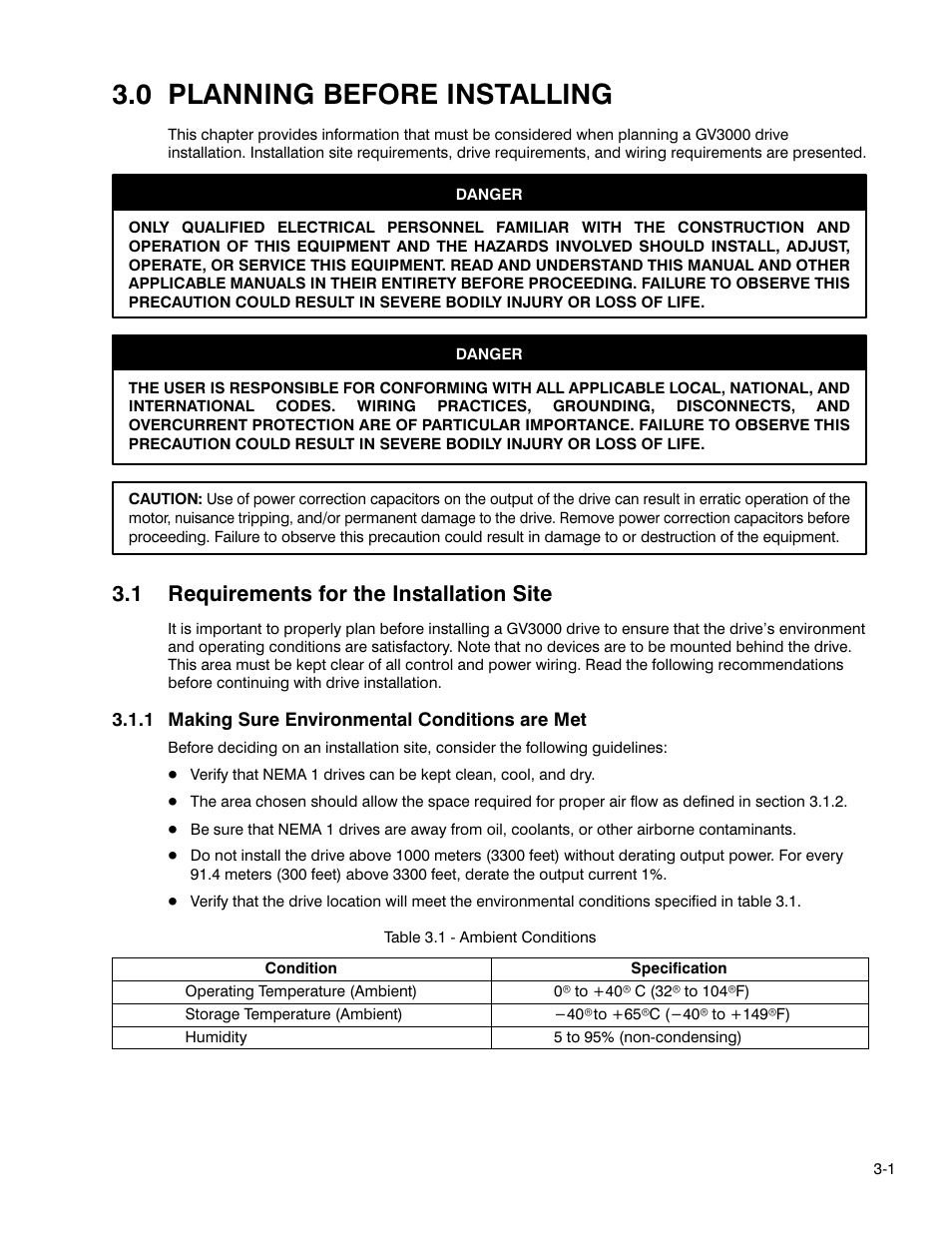 Chapter 3 - planning before installing, 0 planning before installing, 1 requirements for the installation site | Rockwell Automation GV3000 AC Pwr Module Ver. 5.0 Hardware Ref, Installation, and Troubleshooting User Manual | Page 33 / 102