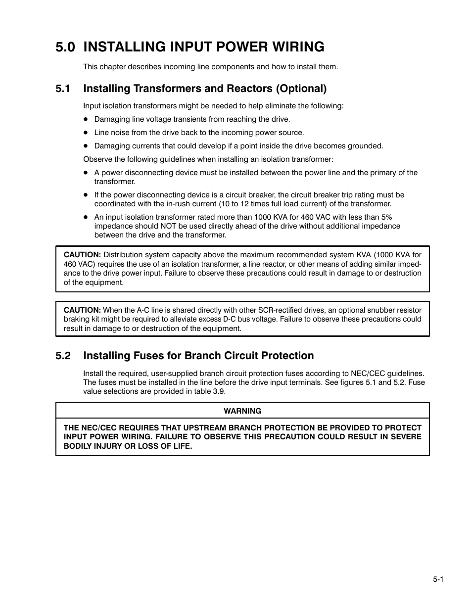Chapter 5 - installing input power wiring, 0 installing input power wiring, 1 installing transformers and reactors (optional) | 2 installing fuses for branch circuit protection | Rockwell Automation GV3000 AC Pwr Module Ver. 5.0 Hardware Ref, Installation, and Troubleshooting User Manual | Page 49 / 102
