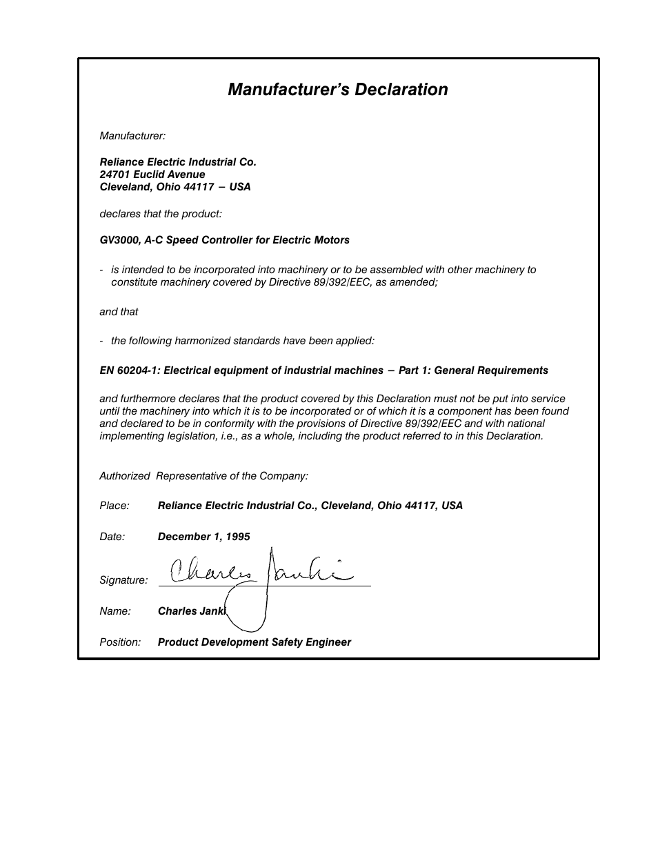Manufacturer's declaration | Rockwell Automation GV3000 AC Pwr Module Ver. 5.0 Hardware Ref, Installation, and Troubleshooting User Manual | Page 7 / 102