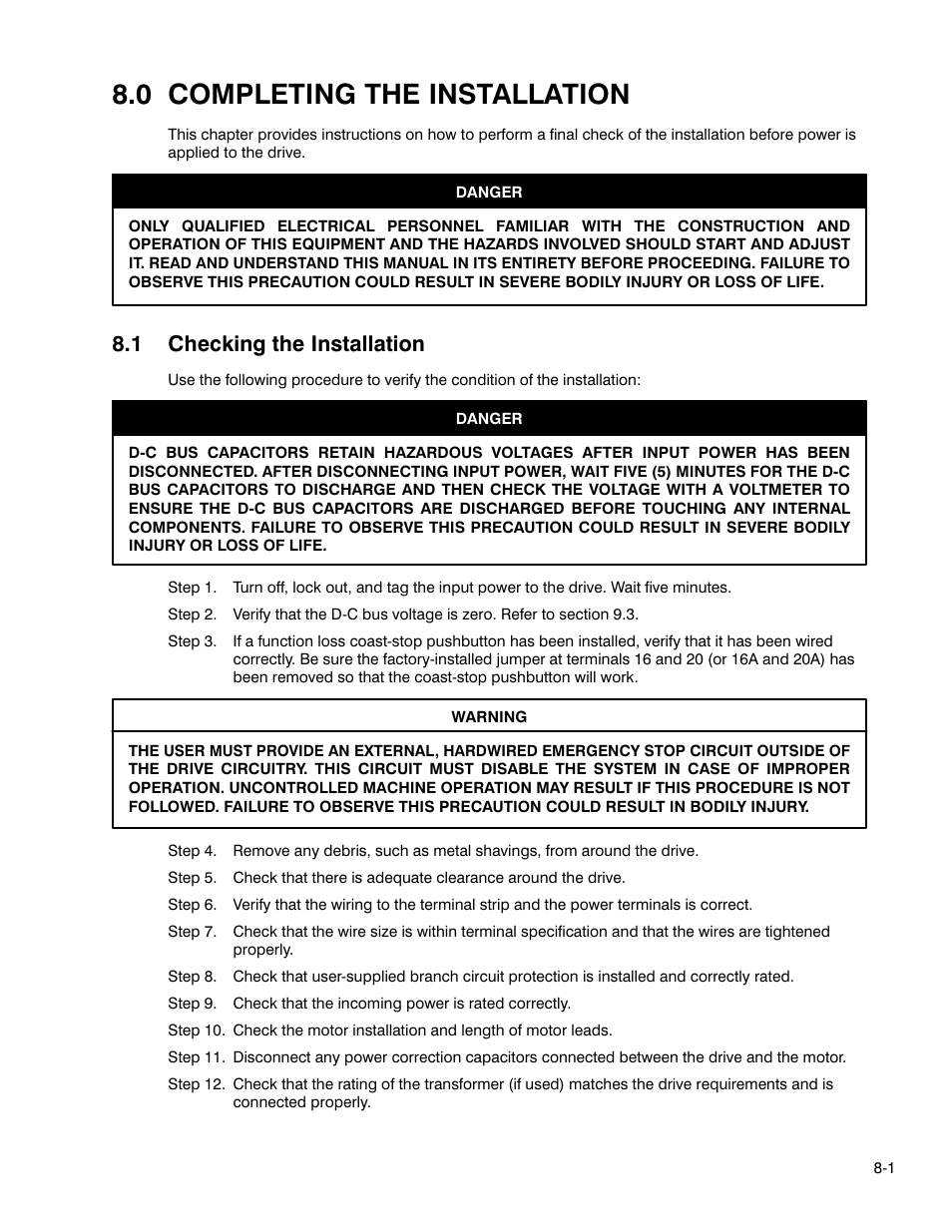 Chapter 8 - completing the installation, 0 completing the installation, 1 checking the installation | Rockwell Automation GV3000 AC Pwr Module Ver. 5.0 Hardware Ref, Installation, and Troubleshooting User Manual | Page 73 / 102