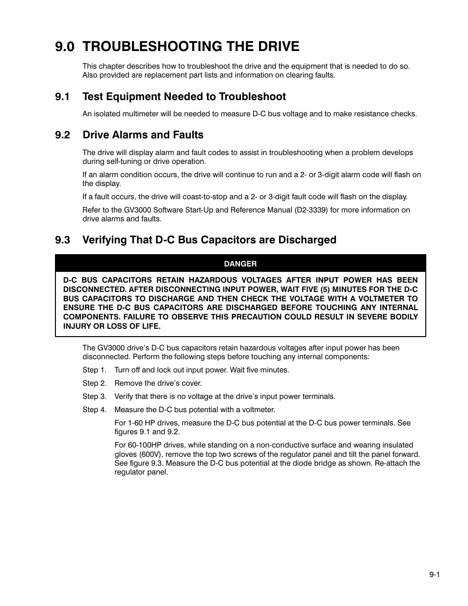 Chapter 9 - troubleshooting the drive, 0 troubleshooting the drive, 1 test equipment needed to troubleshoot | 2 drive alarms and faults, 3 verifying that dćc bus capacitors are discharged | Rockwell Automation GV3000 AC Pwr Module Ver. 5.0 Hardware Ref, Installation, and Troubleshooting User Manual | Page 75 / 102