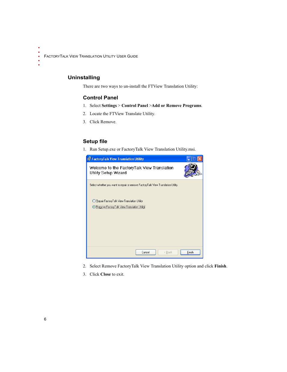 Uninstalling, Control panel, Setup file | Control panel setup file | Rockwell Automation FactoryTalk Translation Utility Installation Guide User Manual | Page 10 / 28