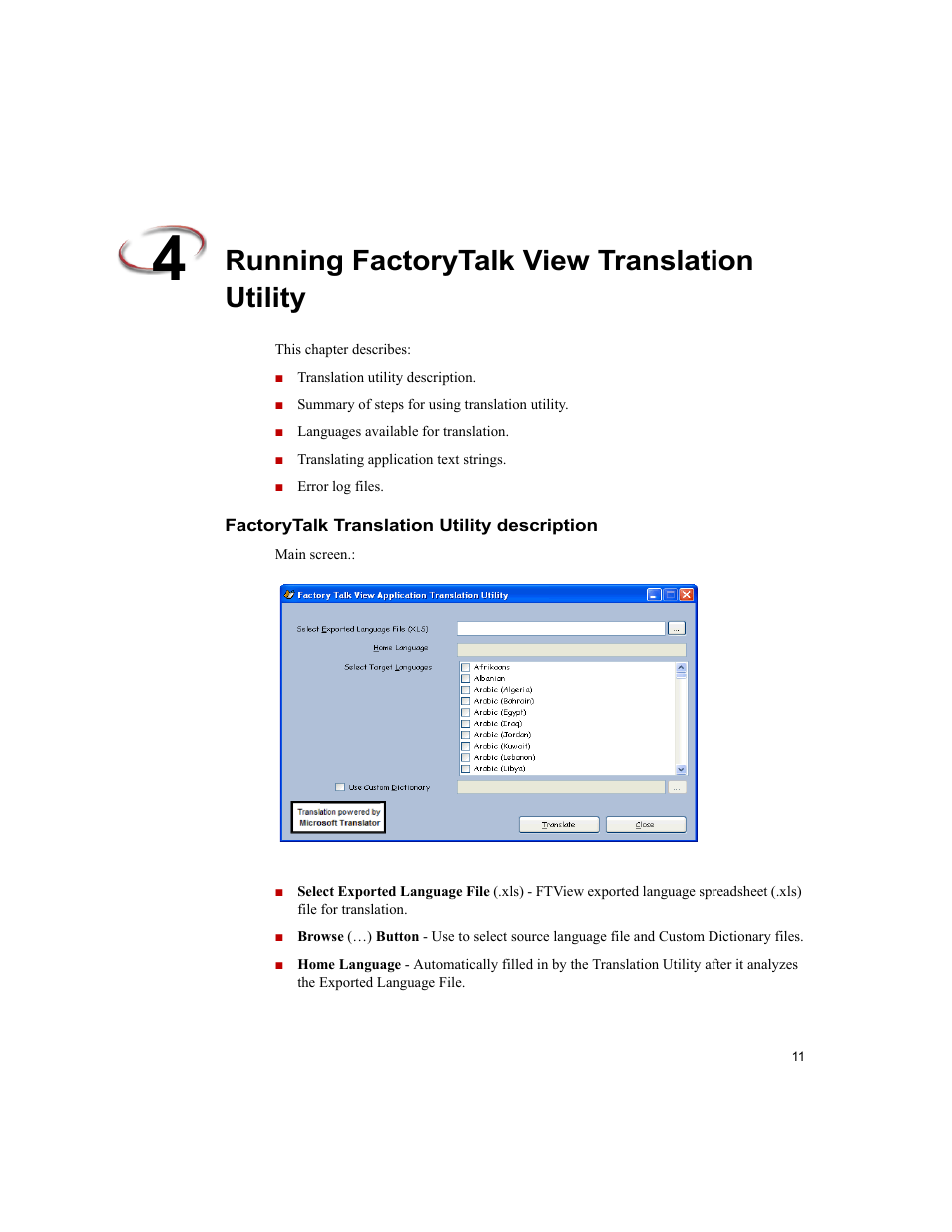 Running factorytalk view translation utility, Factorytalk translation utility description | Rockwell Automation FactoryTalk Translation Utility Installation Guide User Manual | Page 15 / 28