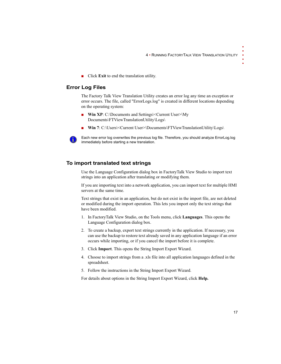 Error log files, To import translated text strings, Error log files to import translated text strings | Rockwell Automation FactoryTalk Translation Utility Installation Guide User Manual | Page 21 / 28