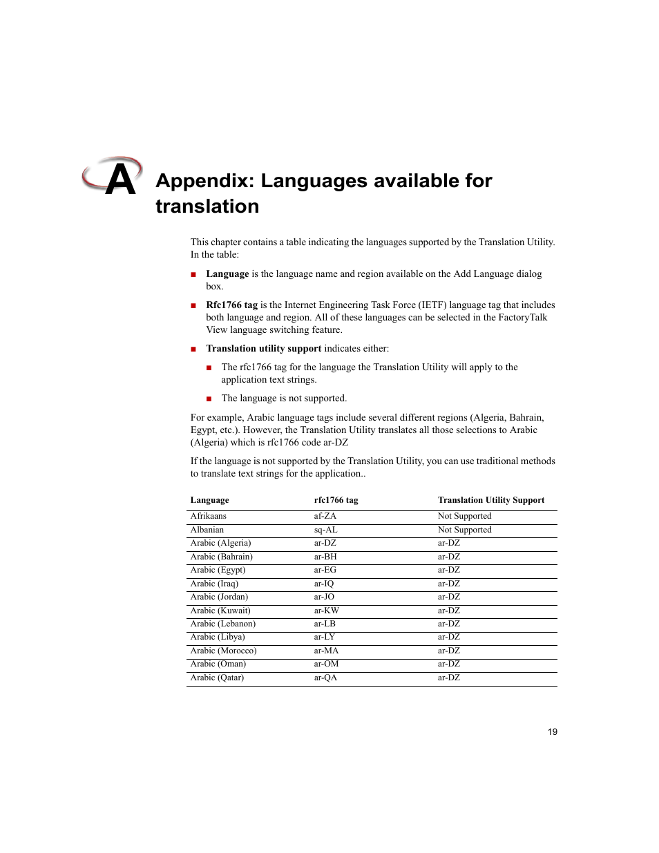 Appendix: languages available for translation | Rockwell Automation FactoryTalk Translation Utility Installation Guide User Manual | Page 23 / 28