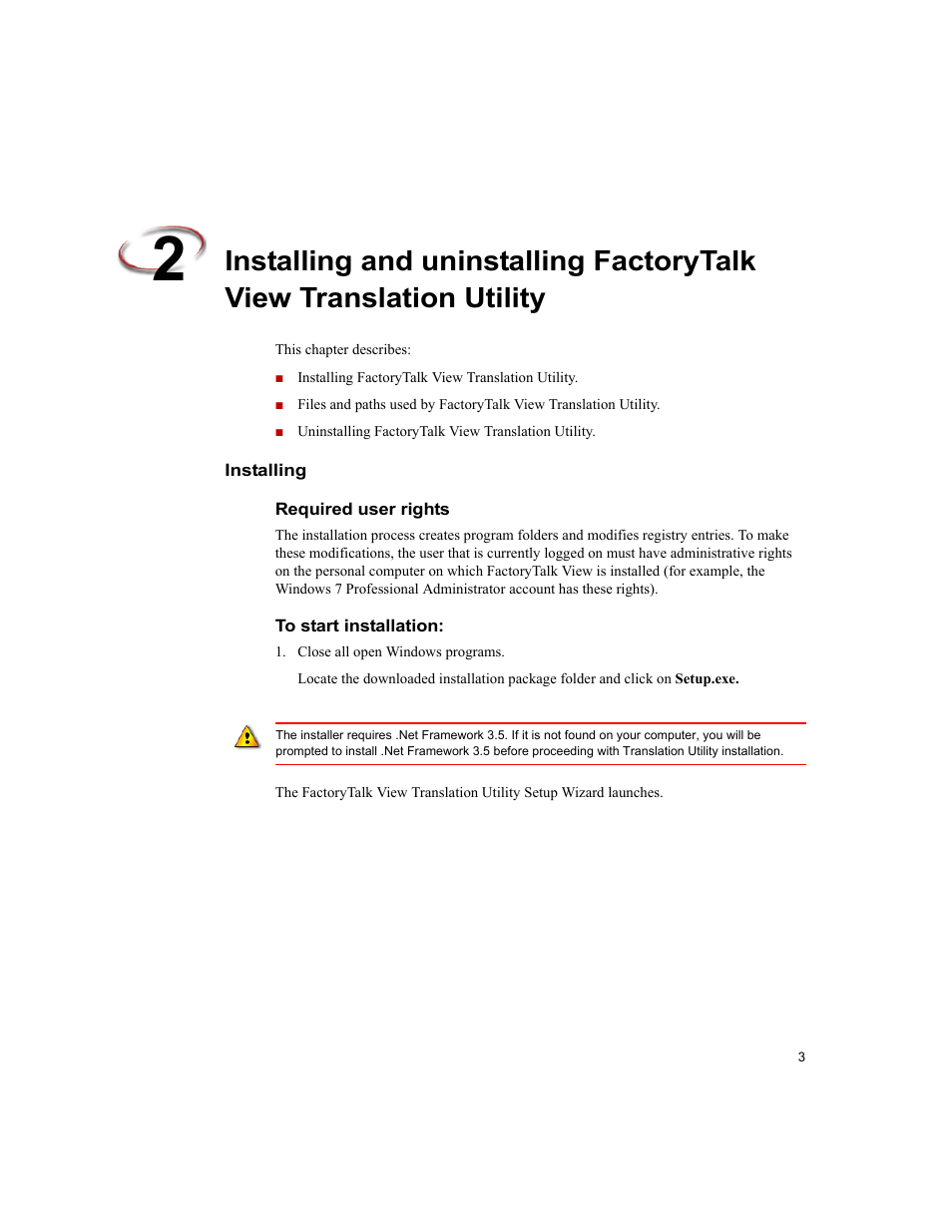 Installing, Required user rights, To start installation | Required user rights to start installation | Rockwell Automation FactoryTalk Translation Utility Installation Guide User Manual | Page 7 / 28