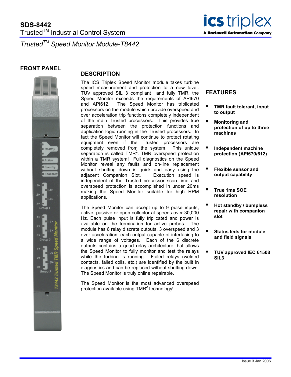 Rockwell Automation T8442 Trusted Speed Monitor Module User Manual | 2 pages