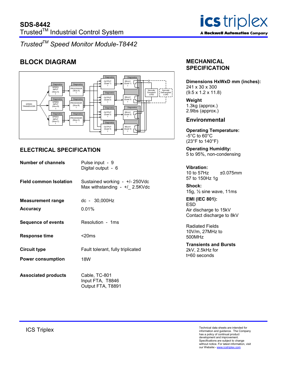 Block diagram, Electrical specification, Sds-8442 trusted | Industrial control system trusted, Speed monitor module-t8442, Ics triplex, Mechanical specification, Environmental | Rockwell Automation T8442 Trusted Speed Monitor Module User Manual | Page 2 / 2