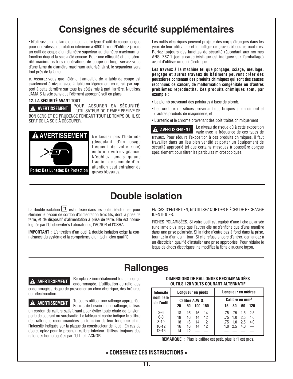 Consignes de sécurité supplémentaires, Double isolation rallonges, Avertissement | Conservez ces instructions | Bosch 4100DG User Manual | Page 11 / 88