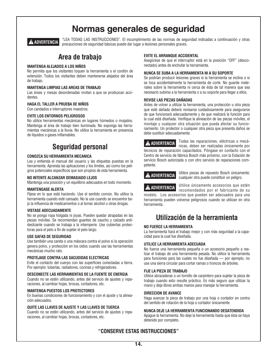 Normas generales de seguridad, Area de trabajo, Seguridad personal | Utilización de la herramienta, Conserve estas instrucciones | Bosch 4100DG User Manual | Page 14 / 88