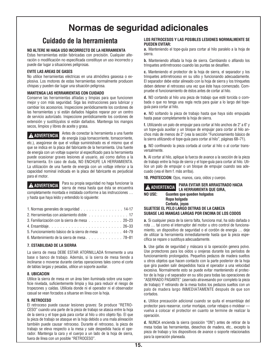 Normas de seguridad adicionales, Cuidado de la herramienta | Bosch 4100DG User Manual | Page 15 / 88