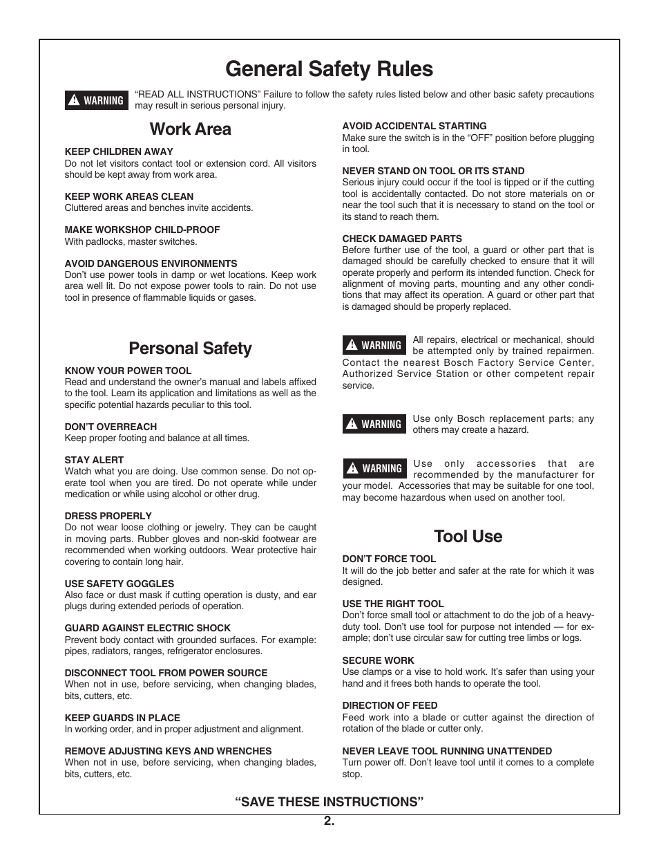 General safety rules, Work area, Personal safety | Tool use | Bosch 4100DG User Manual | Page 2 / 88
