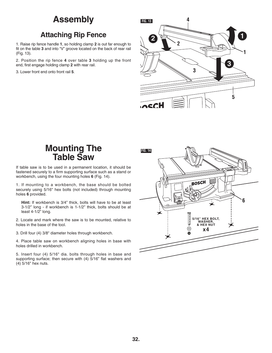 Mounting the table saw, Assembly, Attaching rip fence | Bosch 4100DG User Manual | Page 32 / 88
