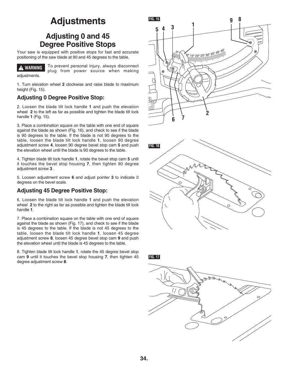 Adjustments, Adjusting 0 and 45 degree positive stops | Bosch 4100DG User Manual | Page 34 / 88