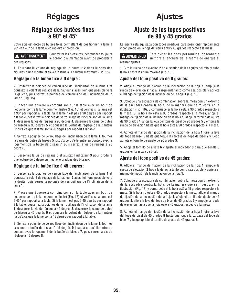 Ajustes, Réglages, Réglage des butées fixes à 90° et 45 | Ajuste de los topes positivos de 90 y 45 grados | Bosch 4100DG User Manual | Page 35 / 88