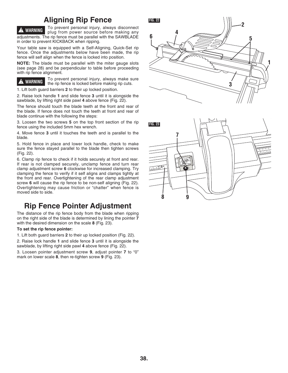 Aligning rip fence, Rip fence pointer adjustment | Bosch 4100DG User Manual | Page 38 / 88