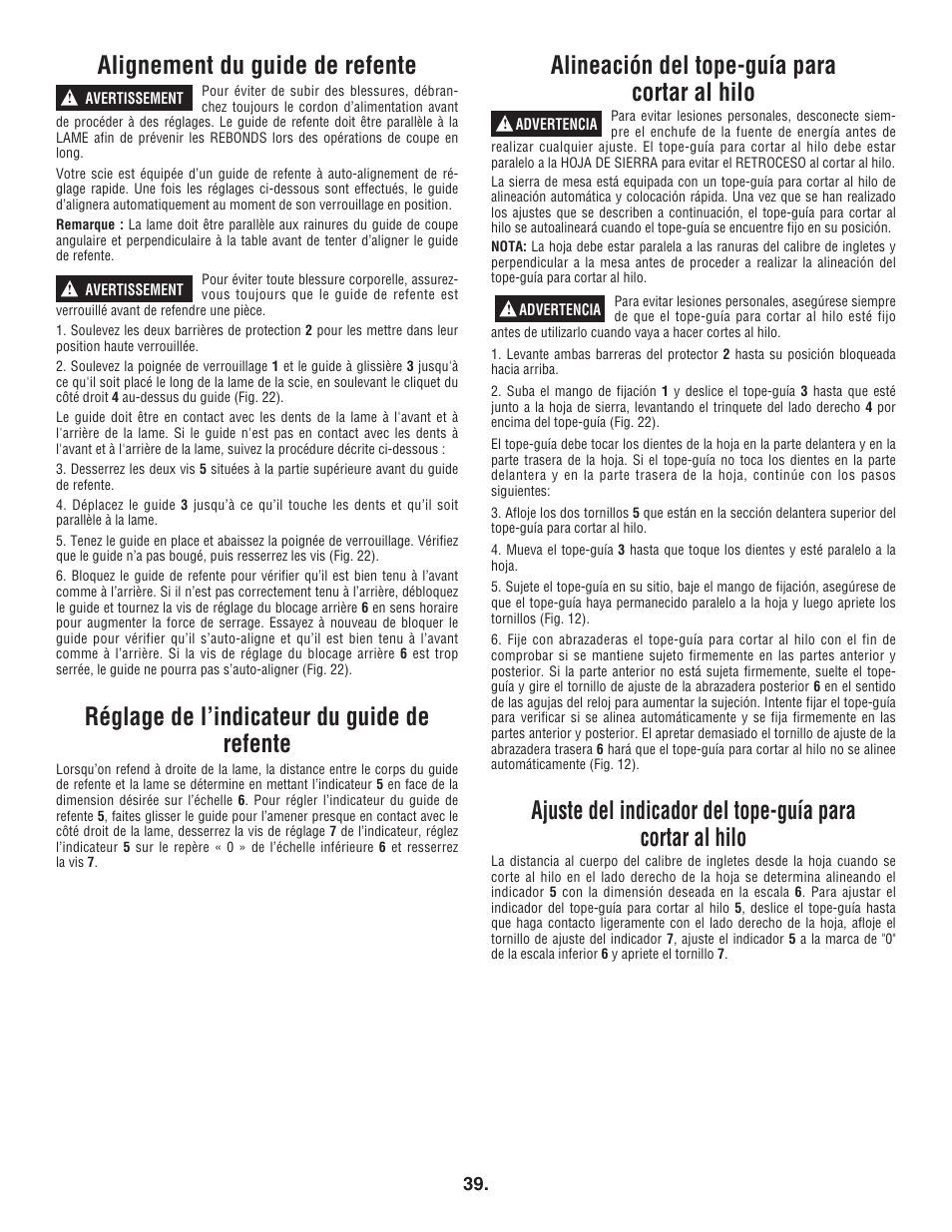 Alignement du guide de refente, Réglage de l’indicateur du guide de refente, Alineación del tope-guía para cortar al hilo | Bosch 4100DG User Manual | Page 39 / 88