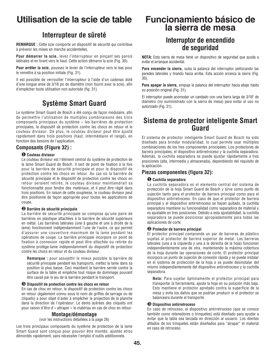 Funcionamiento básico de la sierra de mesa, Utilisation de la scie de table, Interruptor de encendido de seguridad | Sistema de protector inteligente smart guard, Interrupteur de sûreté, Système smart guard | Bosch 4100DG User Manual | Page 45 / 88