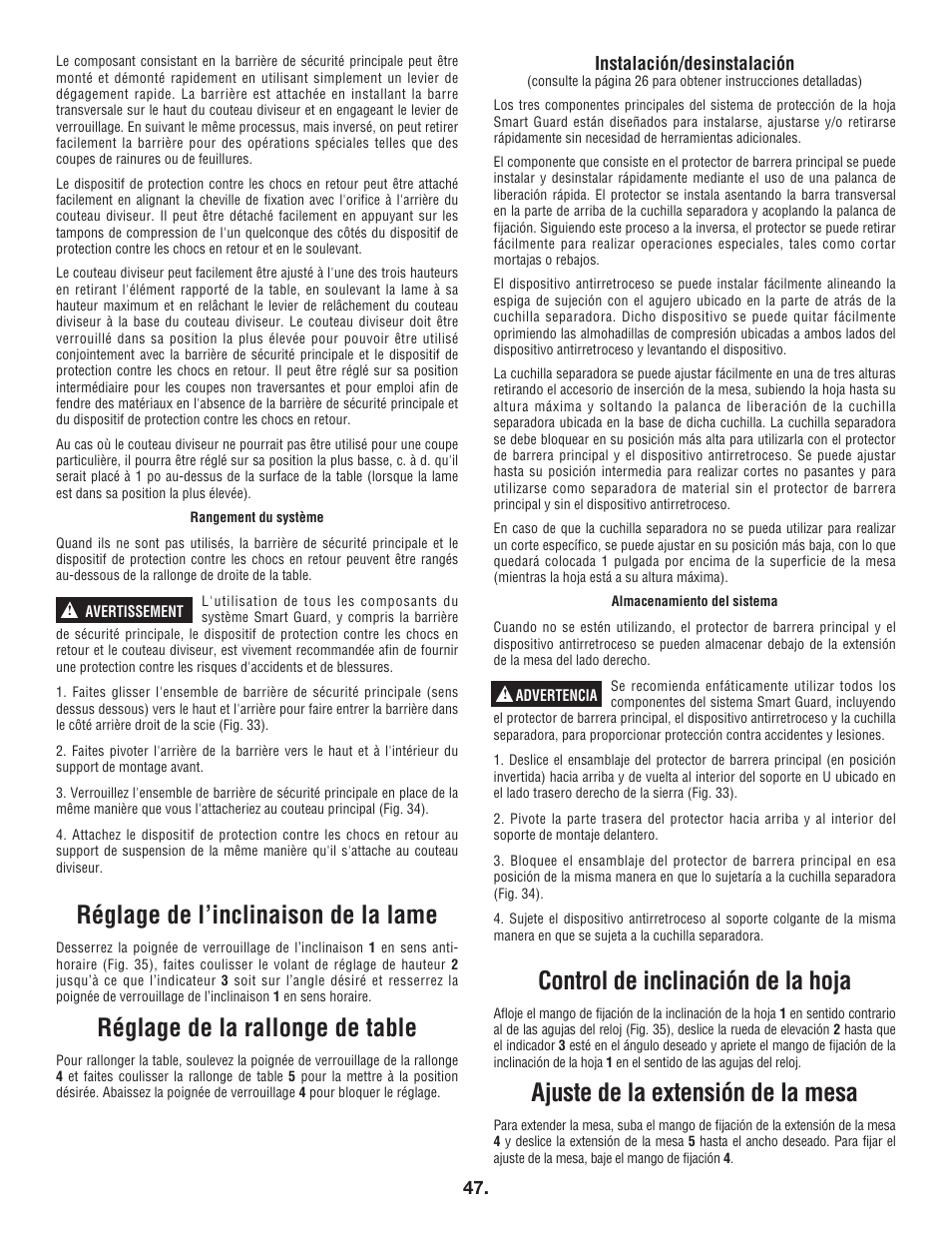 Réglage de l’inclinaison de la lame, Réglage de la rallonge de table, Control de inclinación de la hoja | Ajuste de la extensión de la mesa, Instalación/desinstalación | Bosch 4100DG User Manual | Page 47 / 88