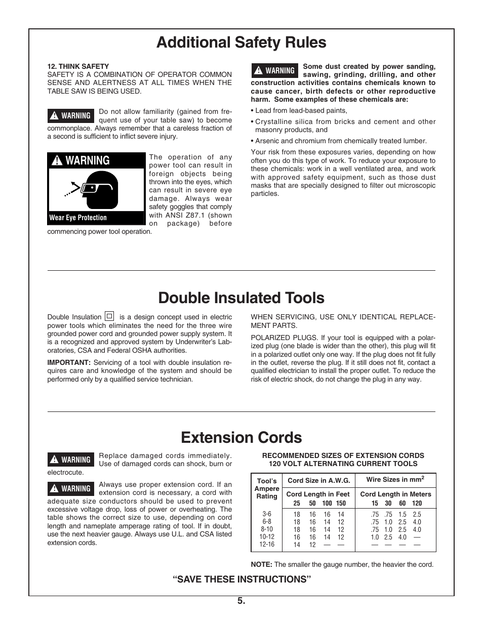 Additional safety rules, Double insulated tools extension cords, Warning | Save these instructions | Bosch 4100DG User Manual | Page 5 / 88