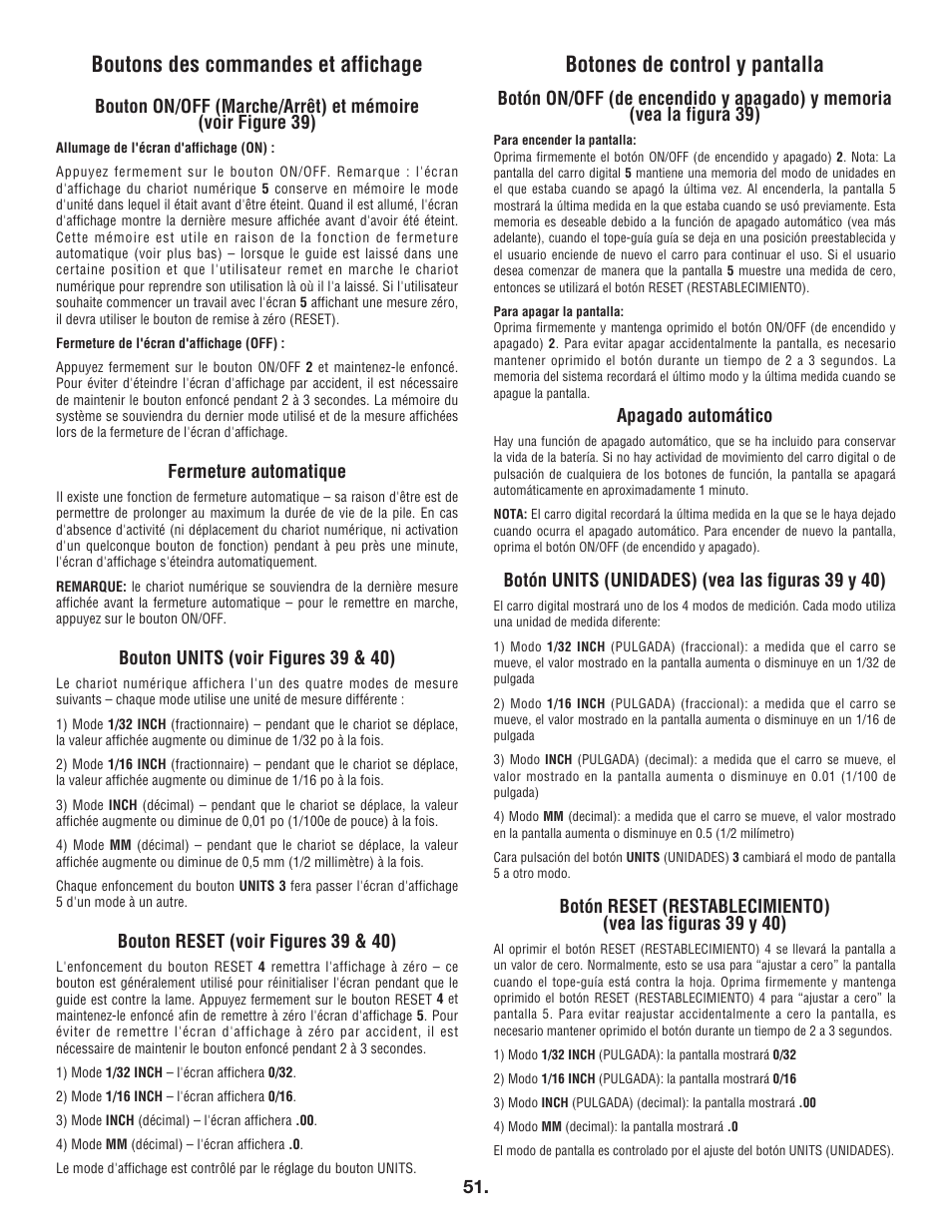 Boutons des commandes et affichage, Botones de control y pantalla, Fermeture automatique | Bouton units (voir figures 39 & 40), Bouton reset (voir figures 39 & 40), Apagado automático, Botón units (unidades) (vea las figuras 39 y 40) | Bosch 4100DG User Manual | Page 51 / 88