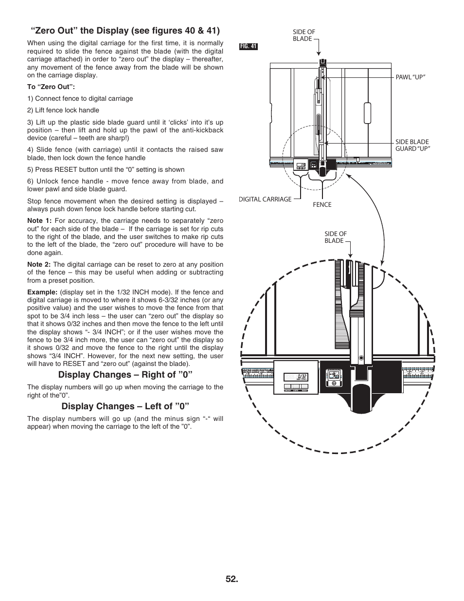 “zero out” the display (see figures 40 & 41), Display changes – right of ”0, Display changes – left of ”0 | Bosch 4100DG User Manual | Page 52 / 88