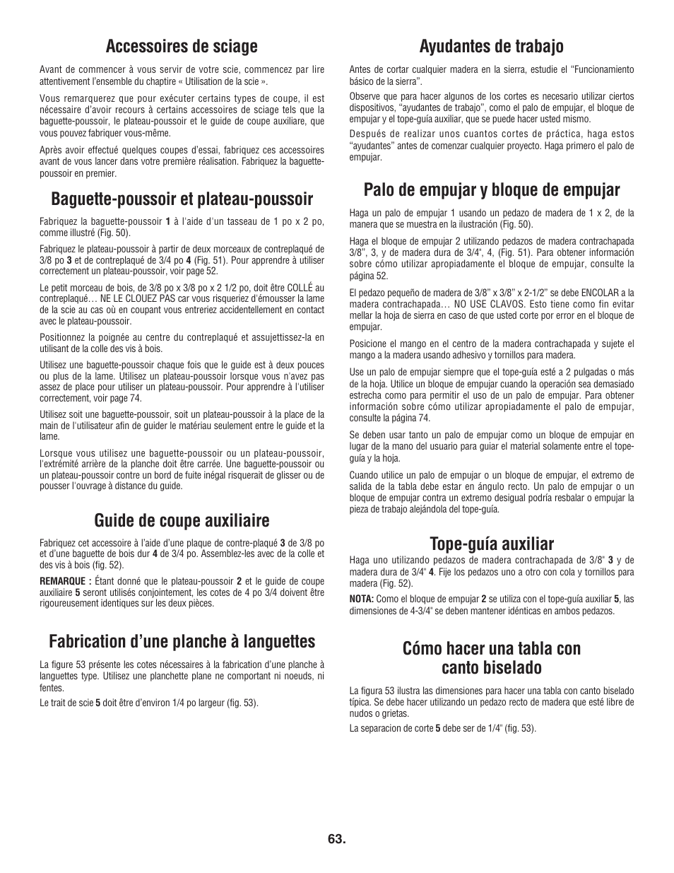Accessoires de sciage, Baguette-poussoir et plateau-poussoir, Guide de coupe auxiliaire | Fabrication d’une planche à languettes, Ayudantes de trabajo, Palo de empujar y bloque de empujar, Tope-guía auxiliar, Cómo hacer una tabla con canto biselado | Bosch 4100DG User Manual | Page 63 / 88