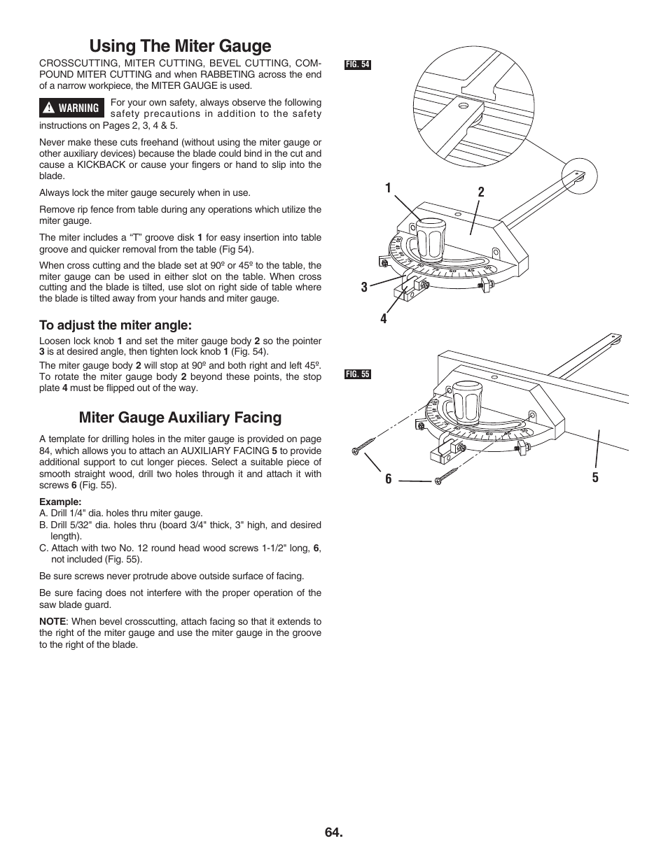 Using the miter gauge, Miter gauge auxiliary facing | Bosch 4100DG User Manual | Page 64 / 88