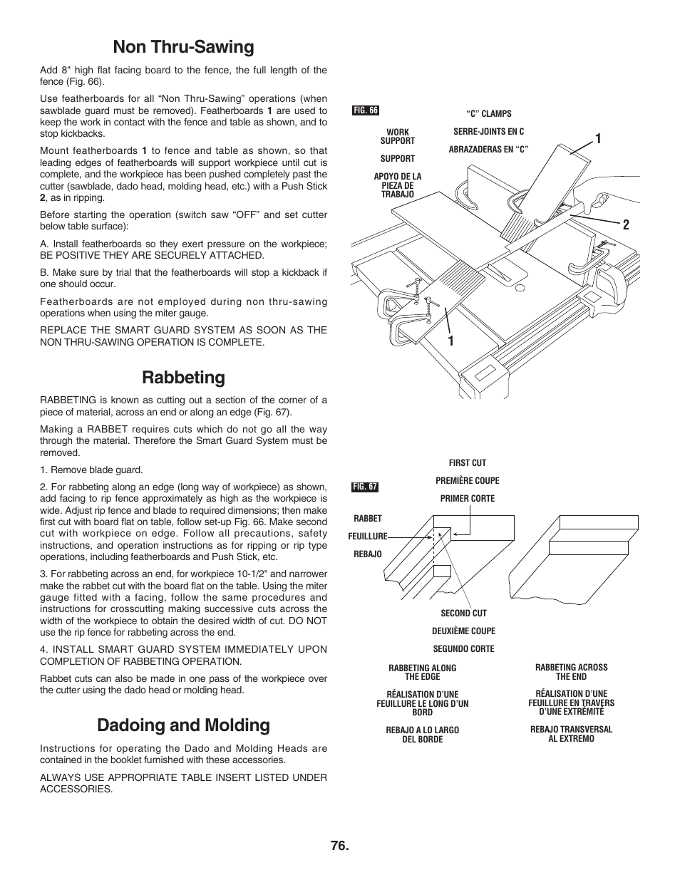 Non thru-sawing, Rabbeting, Dadoing and molding | Bosch 4100DG User Manual | Page 76 / 88