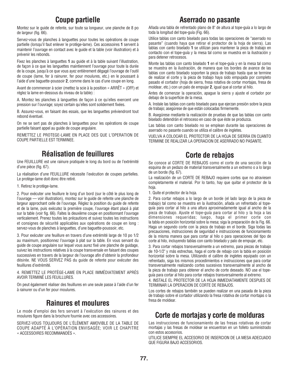 Aserrado no pasante, Corte de rebajos, Corte de mortajas y corte de molduras | Coupe partielle, Réalisation de feuillures, Rainures et moulures | Bosch 4100DG User Manual | Page 77 / 88