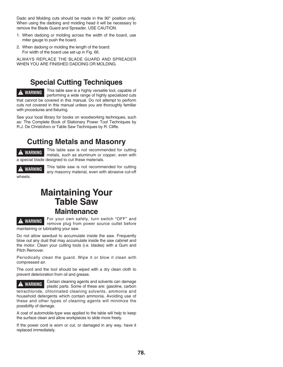 Maintaining your table saw, Special cutting techniques, Cutting metals and masonry | Maintenance | Bosch 4100DG User Manual | Page 78 / 88