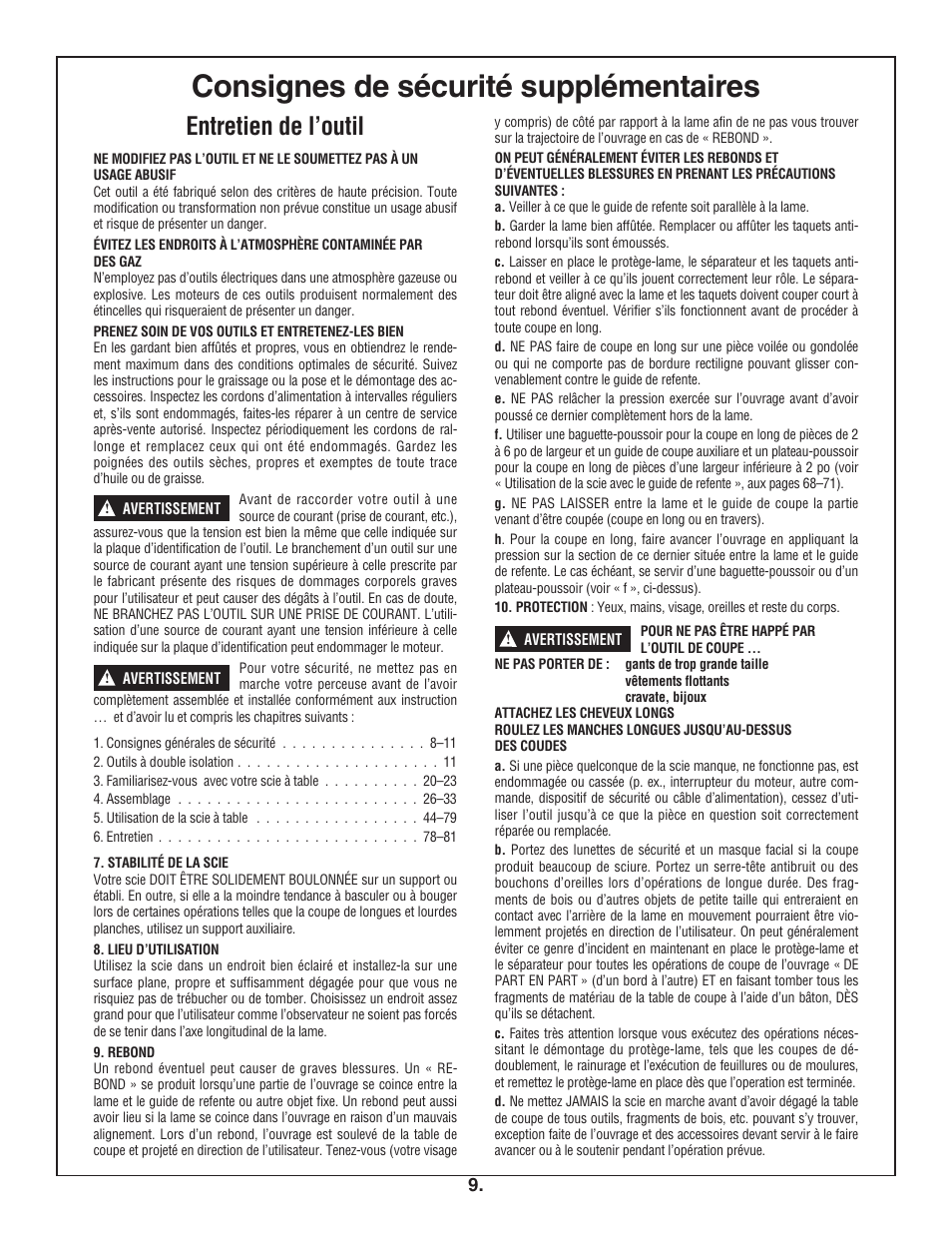 Consignes de sécurité supplémentaires, Entretien de l’outil | Bosch 4100DG User Manual | Page 9 / 88