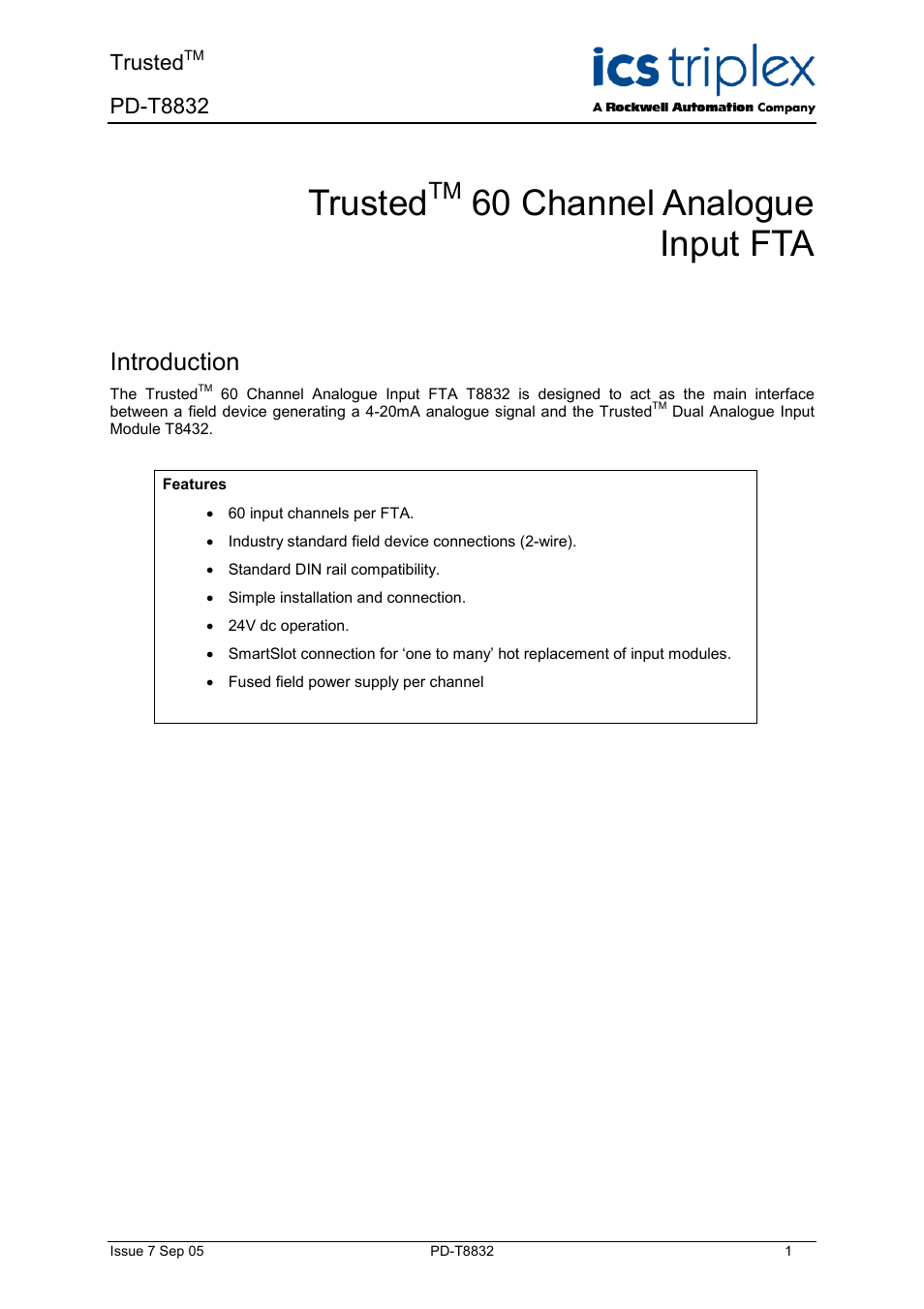 Rockwell Automation T8832 Trusted 60 Channel Analogue Input FTA User Manual | 18 pages