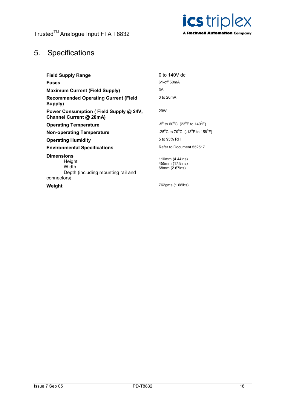 Specifications, Trusted, Analogue input fta t8832 | Rockwell Automation T8832 Trusted 60 Channel Analogue Input FTA User Manual | Page 16 / 18