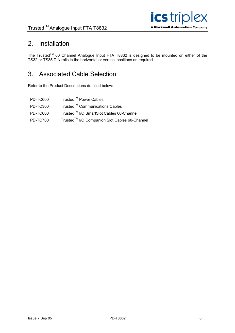 Installation, Associated cable selection, Trusted | Analogue input fta t8832 | Rockwell Automation T8832 Trusted 60 Channel Analogue Input FTA User Manual | Page 8 / 18