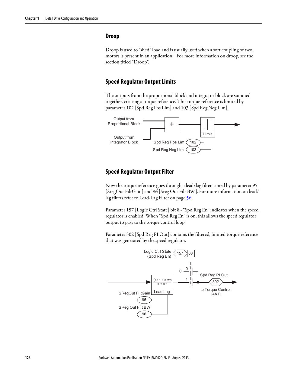 Droop, Speed regulator output limits, Speed regulator output filter | Rockwell Automation 20D PowerFlex 700S with Phase I Control Reference Manual User Manual | Page 126 / 190