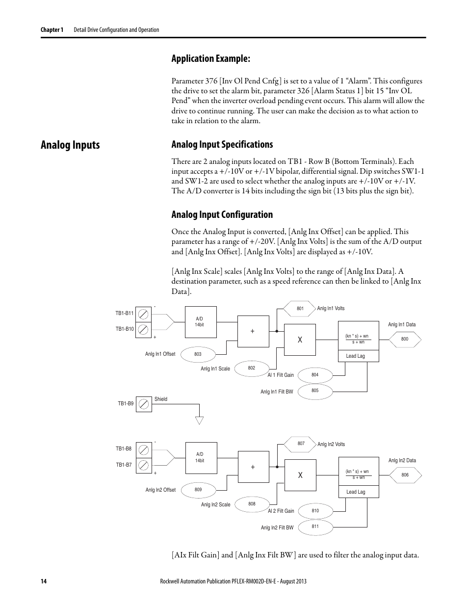 Application example, Analog inputs, Analog input specifications | Analog input configuration | Rockwell Automation 20D PowerFlex 700S with Phase I Control Reference Manual User Manual | Page 14 / 190