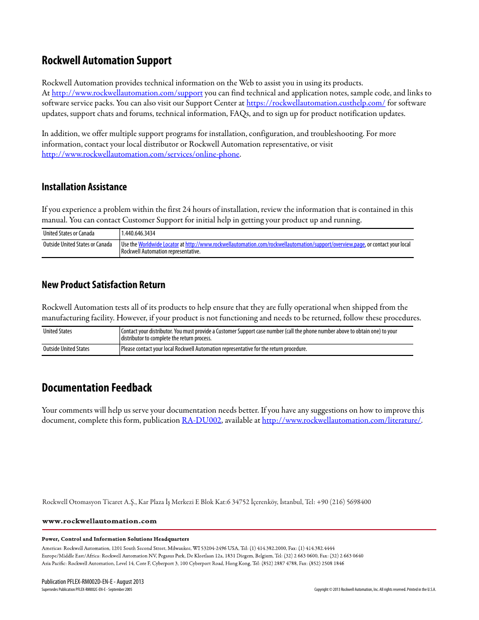 Back cover, Rockwell automation support, Documentation feedback | Installation assistance, New product satisfaction return | Rockwell Automation 20D PowerFlex 700S with Phase I Control Reference Manual User Manual | Page 190 / 190