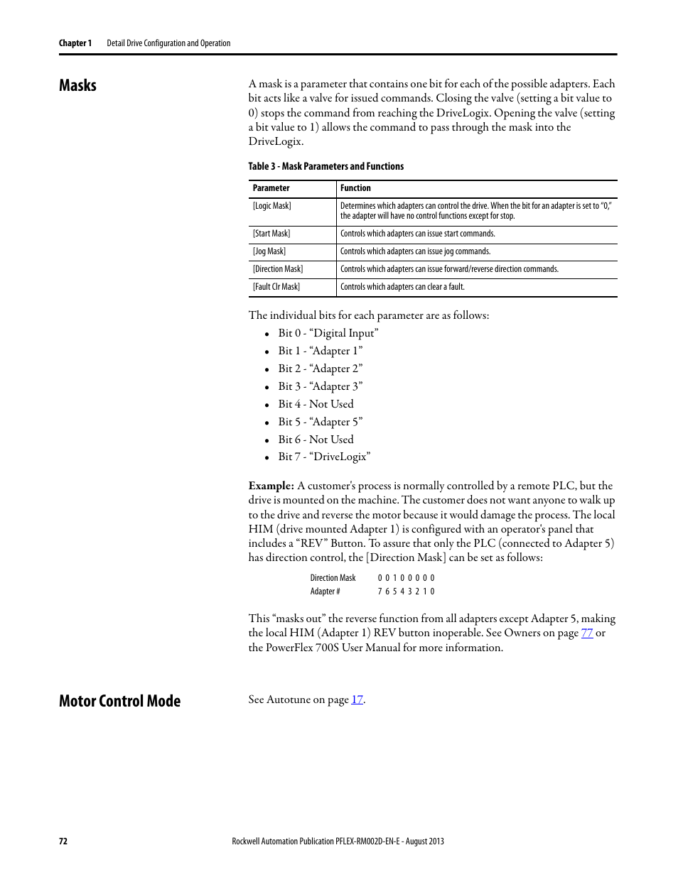 Masks, Motor control mode, Masks motor control mode | Rockwell Automation 20D PowerFlex 700S with Phase I Control Reference Manual User Manual | Page 72 / 190