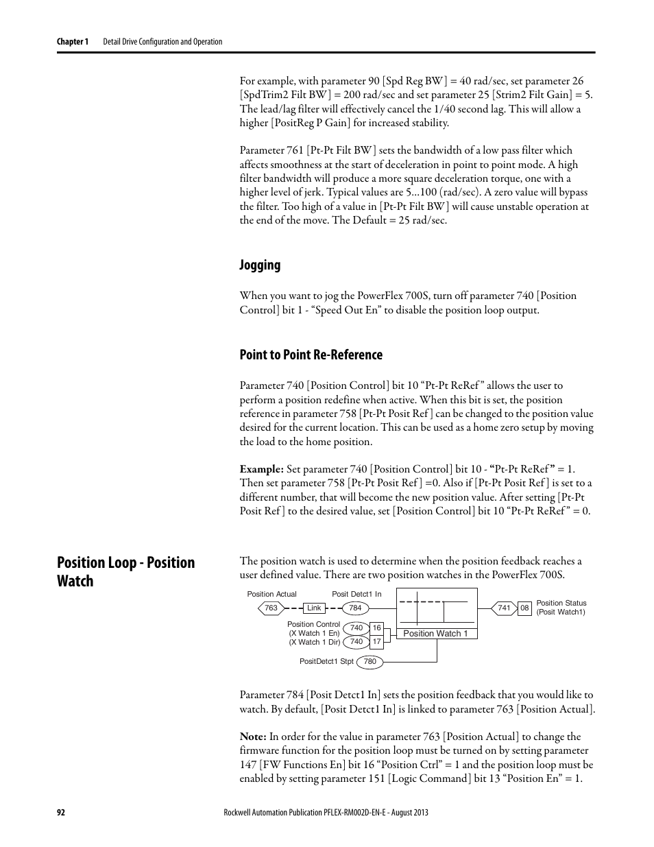 Jogging, Point to point re-reference, Position loop - position watch | Jogging point to point re-reference | Rockwell Automation 20D PowerFlex 700S with Phase I Control Reference Manual User Manual | Page 92 / 190