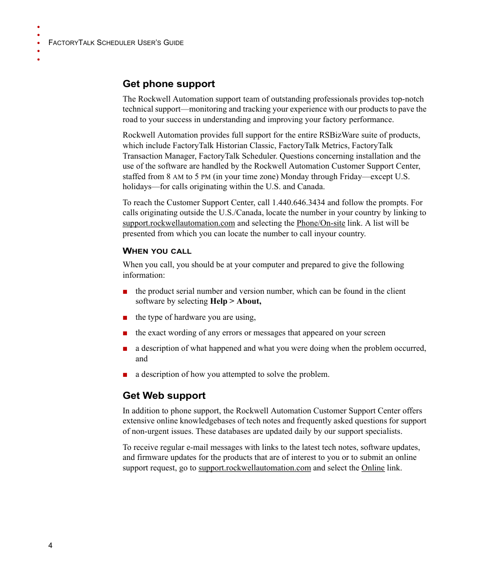 Get phone support, When you call, Get web support | Get phone support get web support | Rockwell Automation FactoryTalk Scheduler Users Guide User Manual | Page 10 / 146