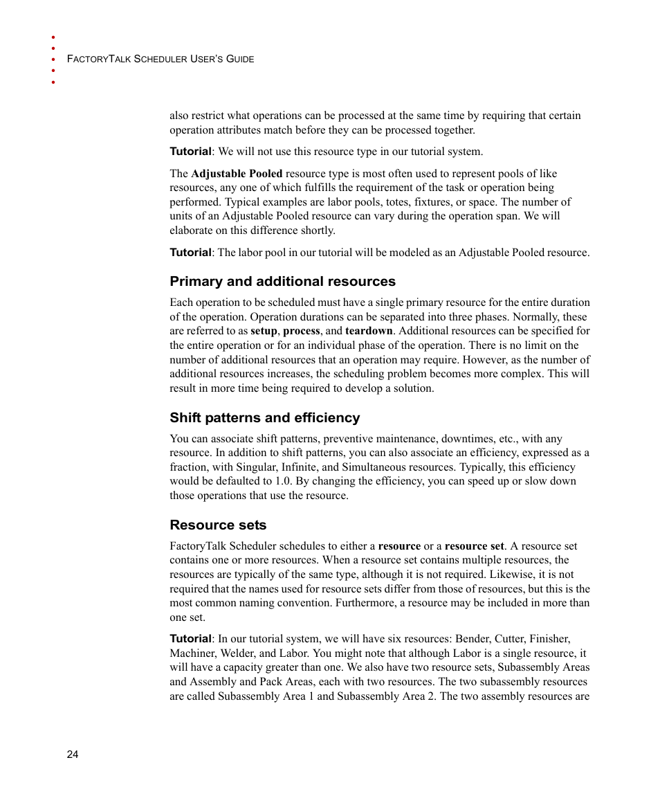 Primary and additional resources, Shift patterns and efficiency, Resource sets | Rockwell Automation FactoryTalk Scheduler Users Guide User Manual | Page 30 / 146