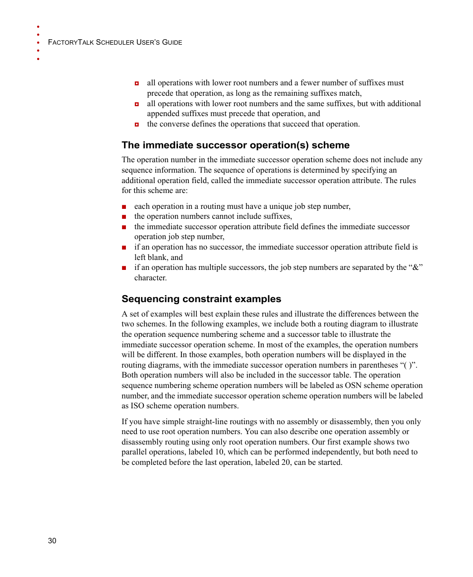 The immediate successor operation(s) scheme, Sequencing constraint examples | Rockwell Automation FactoryTalk Scheduler Users Guide User Manual | Page 36 / 146