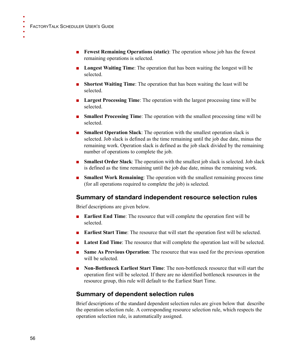 Summary of dependent selection rules | Rockwell Automation FactoryTalk Scheduler Users Guide User Manual | Page 62 / 146