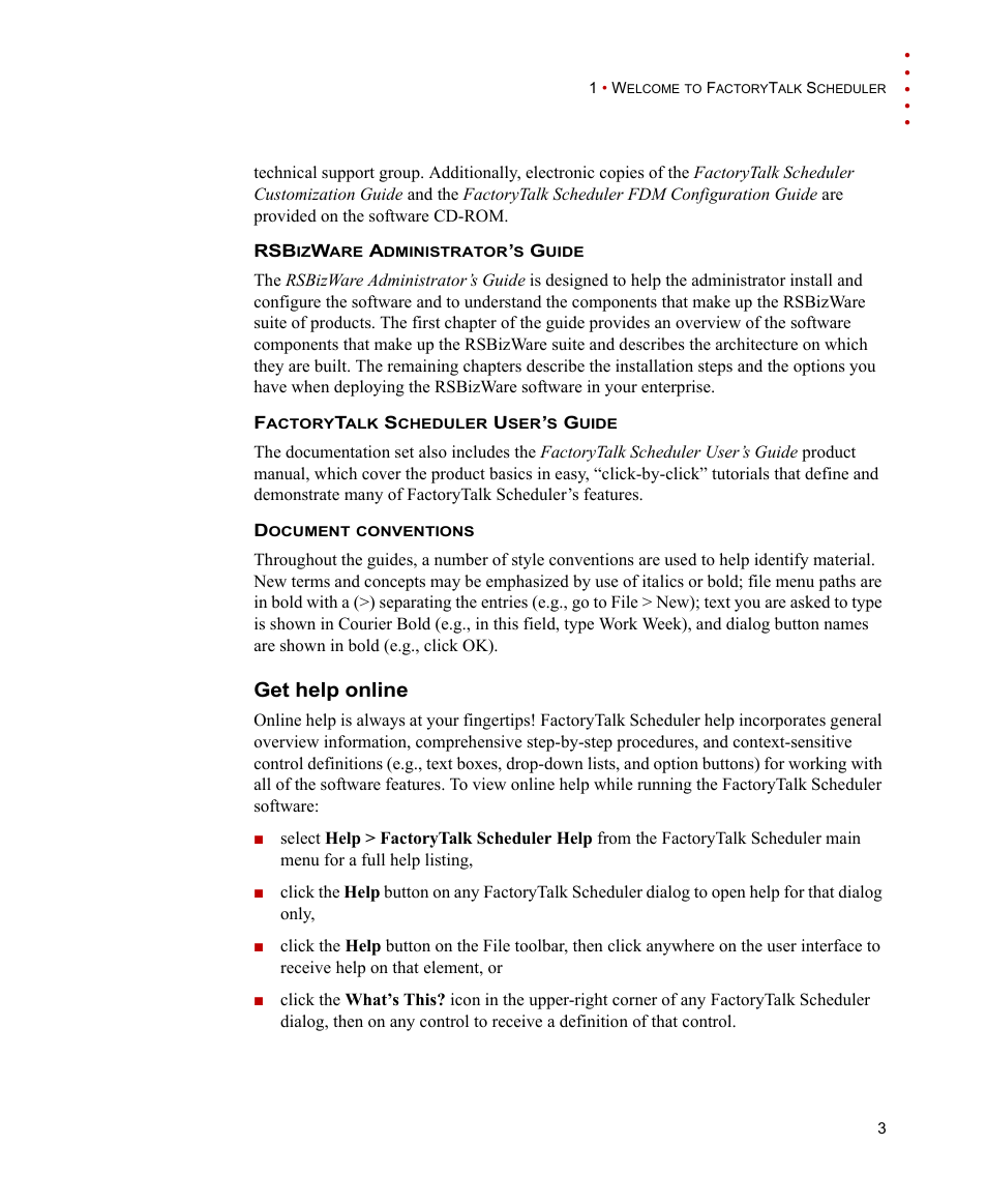 Rsbizware administrator’s guide, Factorytalk scheduler user’s guide, Document conventions | Get help online | Rockwell Automation FactoryTalk Scheduler Users Guide User Manual | Page 9 / 146