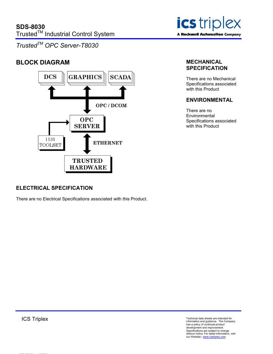 Block diagram, Electrical specification, Sds-8030 trusted | Industrial control system trusted, Opc server-t8030 | Rockwell Automation T8030 Trusted OPC Server User Manual | Page 2 / 2