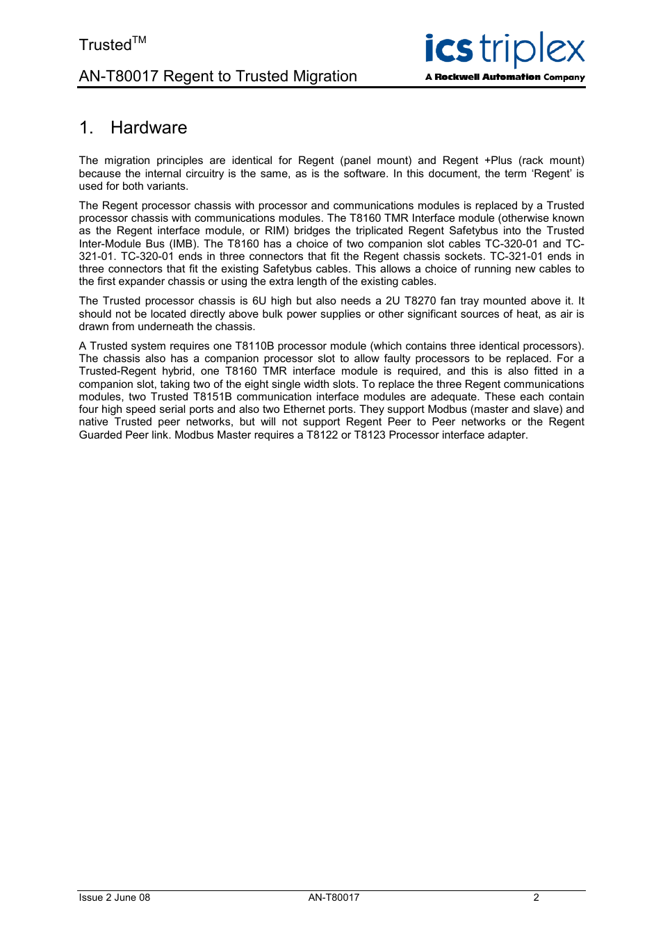 Hardware, Trusted | Rockwell Automation T80017 Application Note Regent to Trusted Migration User Manual | Page 2 / 23
